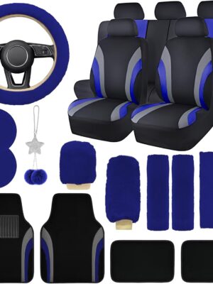 21 Pcs Car Seat Accessories Set for Women Covers Full Set with Waterproof Car Floor Mats Universal Fluffy Steering Wheel,Gear Compatible Automotive Covers for SUV(Blue)