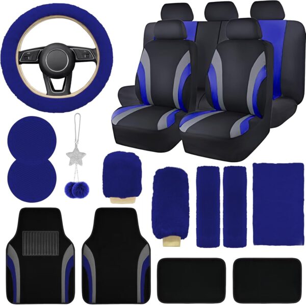 21 Pcs Car Seat Accessories Set for Women Covers Full Set with Waterproof Car Floor Mats Universal Fluffy Steering Wheel,Gear Compatible Automotive Covers for SUV(Blue)