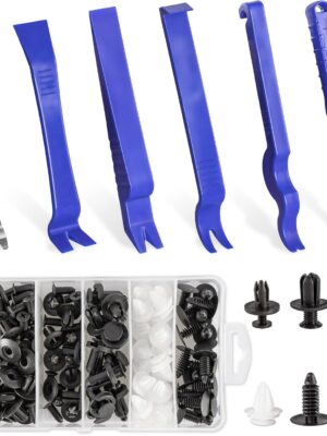 Auto Trim Removal Tool Kit, Clip Fastener Remover Pry Tools Set,100 Pcs Bumper Retainer Clips Car Plastic Rivets Fasteners Push Retainer Kit with 6 Pcs Storage Removal Tool, Blue