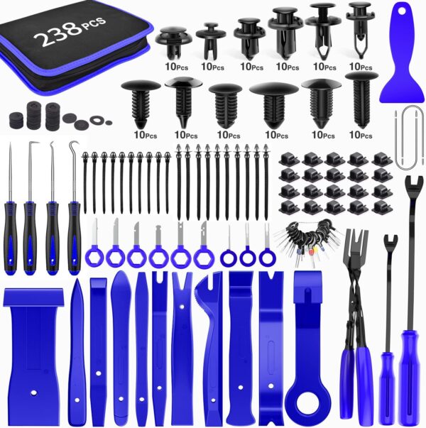 238Pcs Trim Removal Tool, Auto Push Pin Bumper Retainer Clip Set Fastener Terminal Remover Tool Adhesive Cable Clips Pry Kit Car Panel Radio Removal Auto Clip Pliers