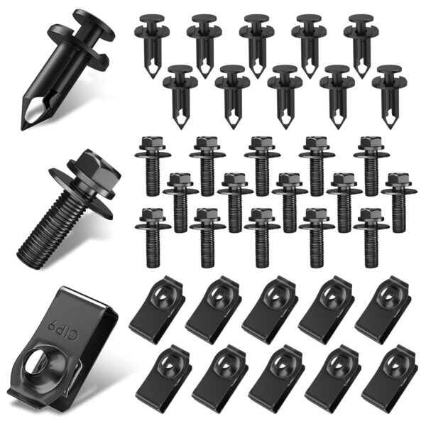 35PCS Engine Under Cover Splash Shield Guard Body Bolts Screws, Front Bumper Fender Liner Push Retainer Fastener Rivet Clips, Automotive Hardware Bumper Clips, U-Nuts Kit, Elegant Black