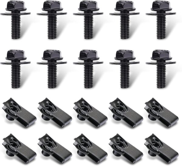 20 PCS Automotive Body Bolt and U-nut Clamp Kit, Hood Guard Spiral, Bumper Fender Liner Push Pull Metal Rust-Resistant U Retainer, Universal for Most Cars Fastening Accessories (Black)