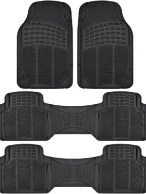 3-Row  Original Heavy Duty 4pc Front & Rear Rubber Floor Mats for Car SUV Van (Fits 3rd Row Vehicles) - All Weather Protection Universal Fit (Black)