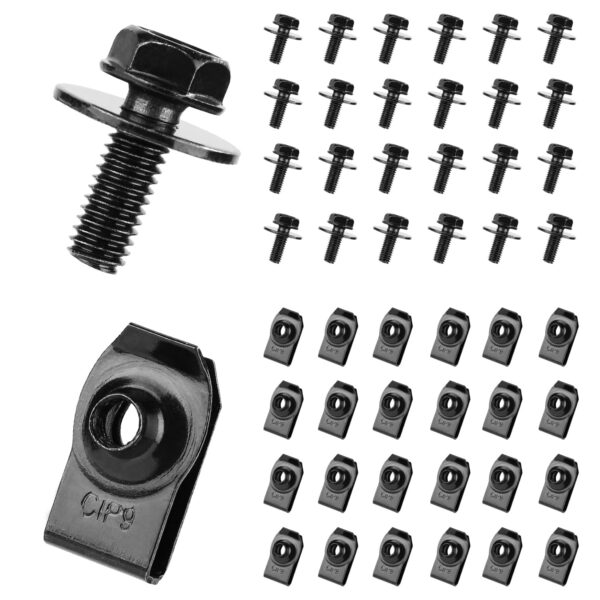 50pcs Automotive Body Bolts and U-Nut Clamp Kit, Metal Bumper Fender U Retainer Car Hood Bolts Engine Splash Cover Body Bolt Fender Bolts and Nuts Fastening Accessories for Most Vehicles