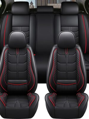 Car Seat Covers Full Set Automotive Seat Protection Fit for Most Cars SUVs Front & Back Seats Waterproof  Leather Car Seat Cushion Protector Black & Red