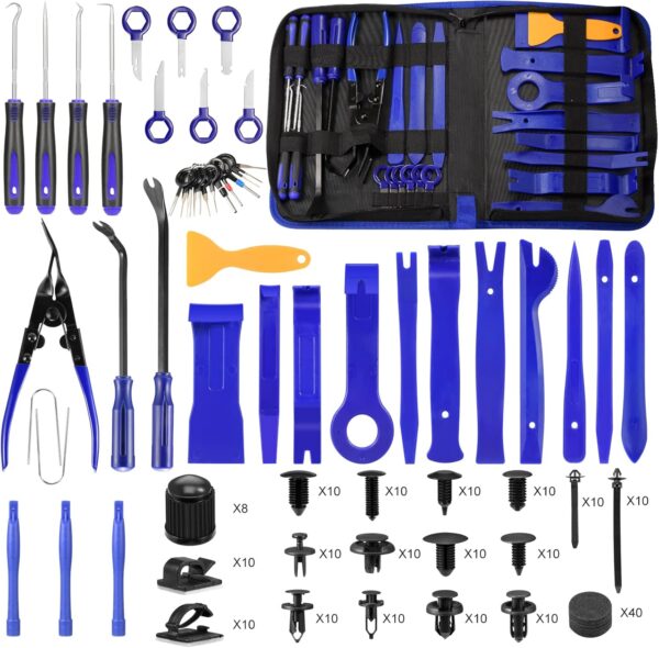 250 PCS Trim Removal Tool Kit Automotive Tools Auto Removal Set for Car Panel Dashboard Radio Puller Tool Plastic Pry Tools Clip Pliers/Fastener Pry Tool with Storage Bag (Blue)