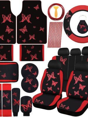 47 Pcs Red Black Butterfly Car Seat Full Set Butterfly Car Accessories for Women 5 Front Rear Seat Covers Wrist Strap 2 Pieces Cup Mat Armrest Pad 2 Seat Belt Cover Accessories for SUV Car