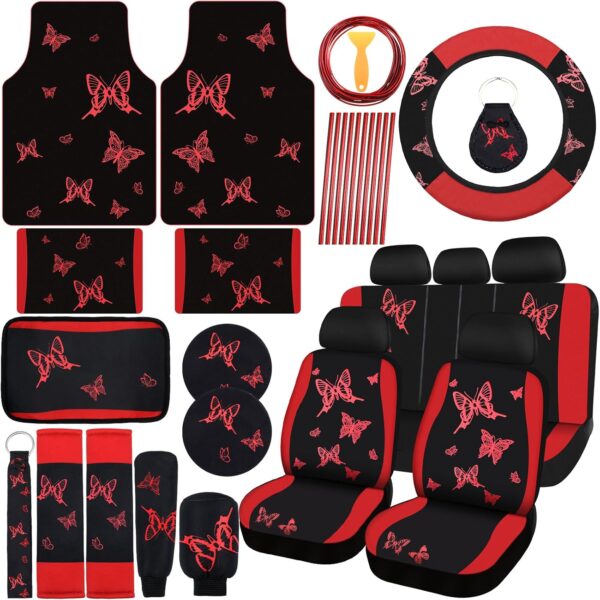 47 Pcs Red Black Butterfly Car Seat Full Set Butterfly Car Accessories for Women 5 Front Rear Seat Covers Wrist Strap 2 Pieces Cup Mat Armrest Pad 2 Seat Belt Cover Accessories for SUV Car