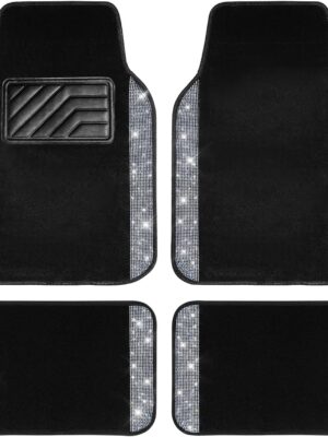 Diamond Car Floor Mats, Shining Rhinestone Carpet Sparkly Glitter Crystal with Anti-Slip PVC Heel Pad Waterproof Universal Fit Automotive SUV,Sedan,Van,Cute Girl Women,4pcs Black Sliver