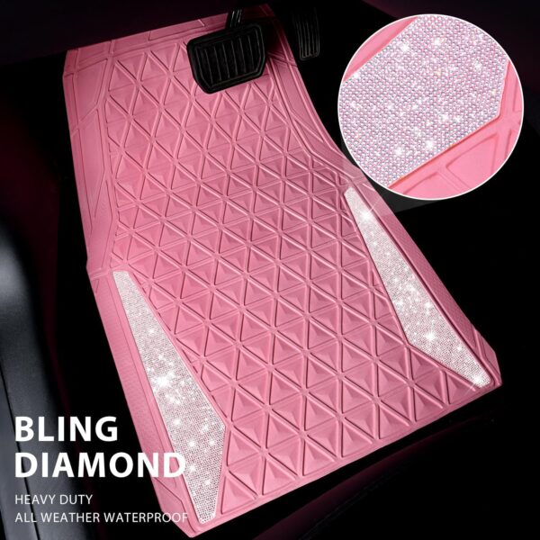 Car Mats Diamond Rubber Floor Mats Full Set Anti-Slip 3D Rhombus Waterproof Trim to Fit Liner Universal Glitter Crystal Sparkly Shining Rhinestone Girl Women SUV Sedan Van, Pink Rubber