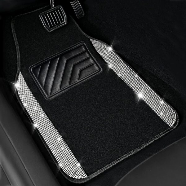 Diamond Car Floor Mats, Shining Rhinestone Carpet Sparkly Glitter Crystal with Anti-Slip PVC Heel Pad Waterproof Universal Fit Automotive SUV,Sedan,Van,Cute Girl Women,4pcs Black Sliver