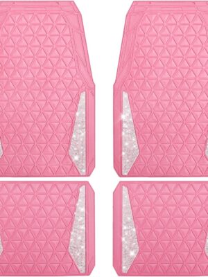 Car Mats Diamond Rubber Floor Mats Full Set Anti-Slip 3D Rhombus Waterproof Trim to Fit Liner Universal Glitter Crystal Sparkly Shining Rhinestone Girl Women SUV Sedan Van, Pink Rubber