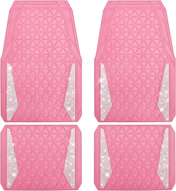 Car Mats Diamond Rubber Floor Mats Full Set Anti-Slip 3D Rhombus Waterproof Trim to Fit Liner Universal Glitter Crystal Sparkly Shining Rhinestone Girl Women SUV Sedan Van, Pink Rubber