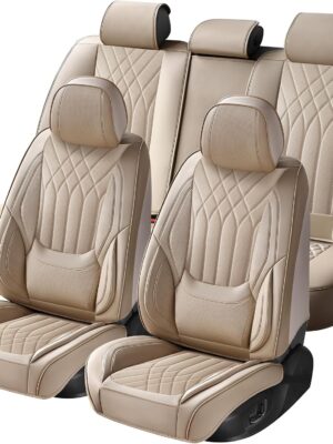 Car Seat Covers Full Set, Seat Covers for Cars, Beige Car Seat Cover, Car Seat Protector Waterproof,  Leather Car Seat Cushion, Car Seat Covers Front Seats and Back Fit for Most Cars