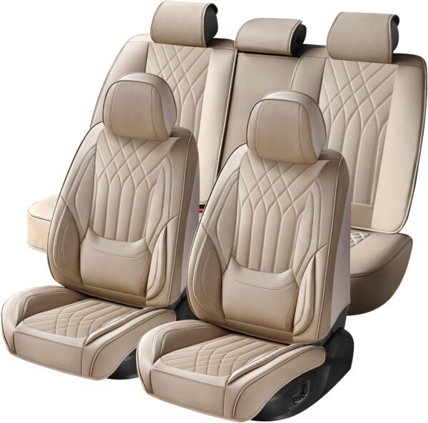 Car Seat Covers Full Set, Seat Covers for Cars, Beige Car Seat Cover, Car Seat Protector Waterproof,  Leather Car Seat Cushion, Car Seat Covers Front Seats and Back Fit for Most Cars